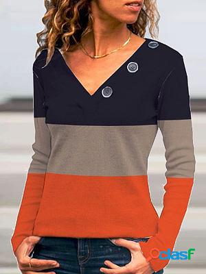 V-neck Casual Loose Patchwork Printed Long Sleeve T-shirt