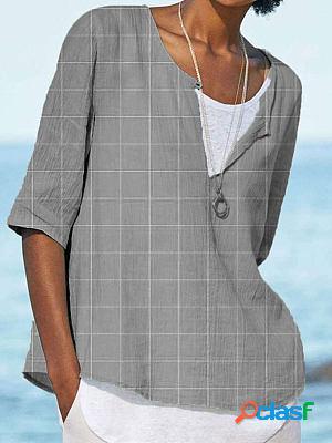 V-neck Casual Loose Plaid Sunscreen Long Sleeve Blouse