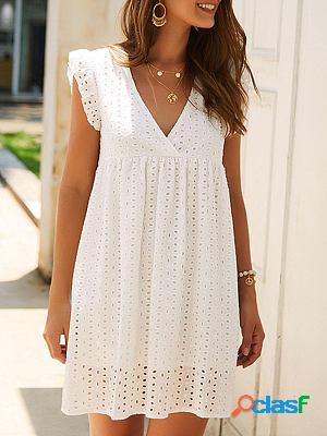 V-neck Casual Loose Solid Color Hollow Sleeveless Short