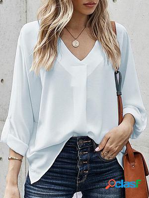 V-neck Casual Loose Solid Color Long-sleeved Blouse