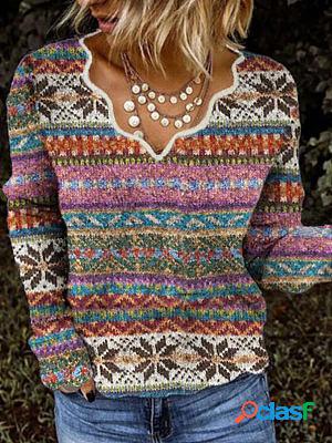 V-neck Casual Loose Vintage Geometric Sweater Pullover