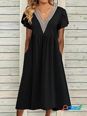 V-neck Hollow Loose Casual Short-sleeved Midi Dress