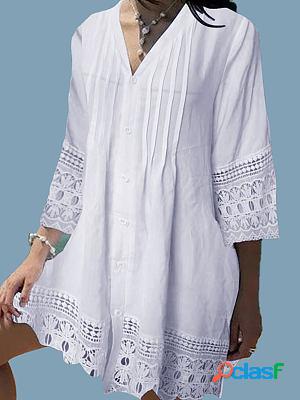 V-neck Lace Panel Loose Casual Long Sleeve Short Dress