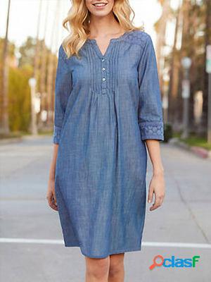 V-neck Linen And Cotton Plain Shift Dresses