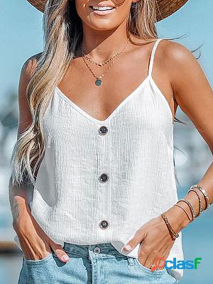 V-neck Loose Casual Button Solid Color Sleeveless T-shirt