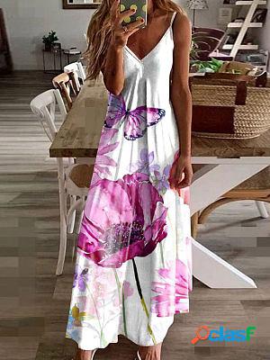 V-neck Loose Floral Print Vacation Sleeveless Maxi Dress