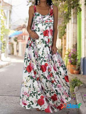 V-neck Loose Printed Vacation Sleeveless Maxi Dress