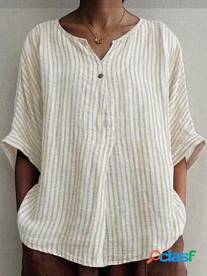 V-neck Loose Stripe Print Sunscreen Short-sleeved Blouse