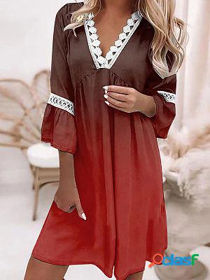 V-neck Printed Lace Stitching Bohemian Casual Resort Style