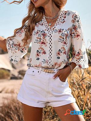 V-neck Printed Panel Lace Bell Sleeve Blouses