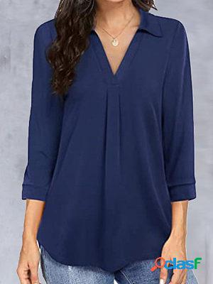 V-neck Solid Color Casual Long-sleeved Blouse