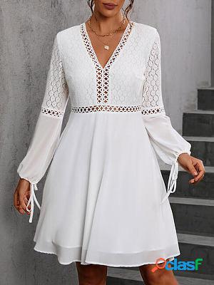 V-neck Solid Color Vacation Hollow Stitching Long-sleeved