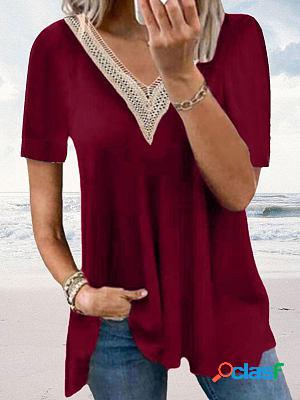 V-neck Stitching Hollow Casual Loose Short-sleeved T-shirt