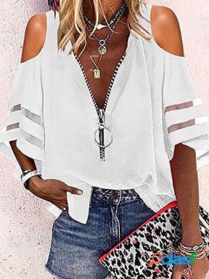 V-neck Zipper Half Bell Sleeve Mesh Stitching Loose Casual