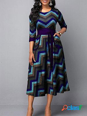 Vintage Geometric Print Round Neck Long Sleeve Dress