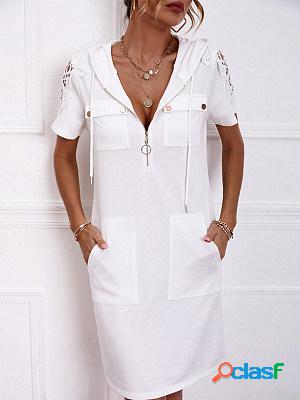 White Casual Pockets Solid Zipper Hoodie Short Dress