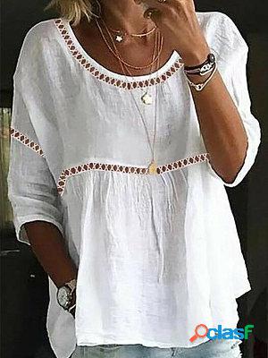 White Casual Solid Round Neck 3/4 Sleeve Blouses