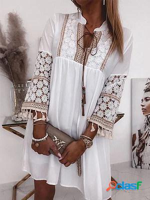 White Lace Paneled Tassel Short Dress