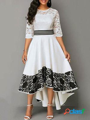 White Mid Sleeve Nipped Waist Irregular Hem Lace Maxi Dress