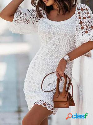 White Short Sleeve U-neck Shift Dresses