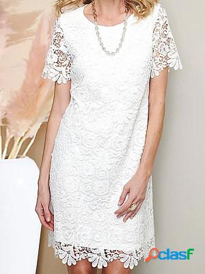 White Short Sleeves Lace Round Neck Short Dress