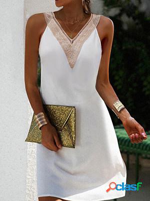 White Sleeveless V Neck Lace Paneled Short Dress
