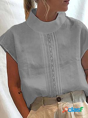 White Solid Linen Lace Paneled Blend Blouse