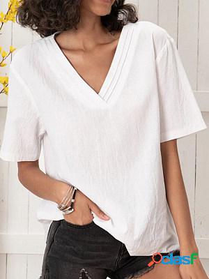 White V Neck Short Sleeves Linen-blend Casual T-shirt