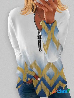 Women Casual Printed Long Sleeves Zipper V Neck T-shirts