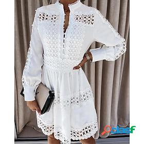 Womens A Line Dress Mini Dress White Pure Color Long Sleeve