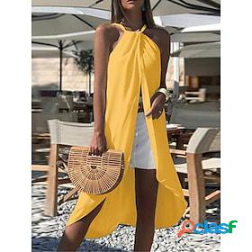 Womens Beach Dress Beach Wear Split Cold Shoulder Midi Dress