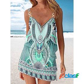 Womens Beach Dress Beach Wear Zipper Print Mini Dress Floral