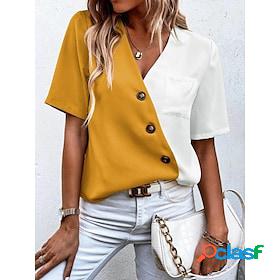 Womens Blouse Black Yellow Navy Blue 3D Short Sleeve V Neck