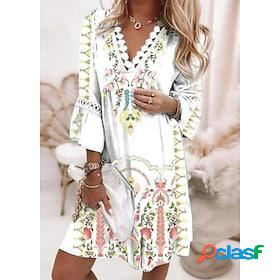 Womens Casual Dress Ethnic Dress Mini Dress White Floral 3/4