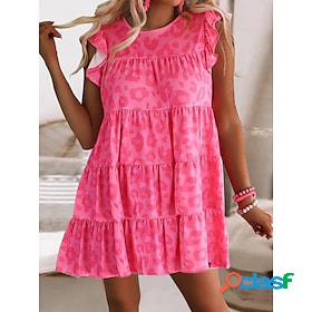 Women's Casual Dress Leopard Shift Dress Tiered Dress Crew
