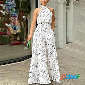 Womens Jumpsuit Striped Pocket Print Streetwear Stand Collar