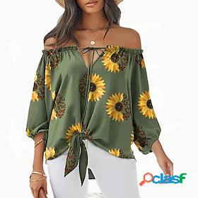 Womens Shirt Blouse Black White Army Green Lace up Print