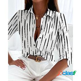 Womens Shirt Blouse Black White Gray Button Print Striped