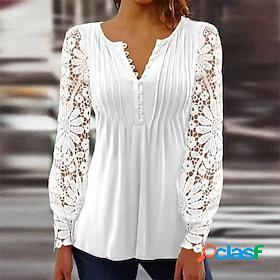 Womens Shirt Blouse Black White Red Lace Patchwork Plain