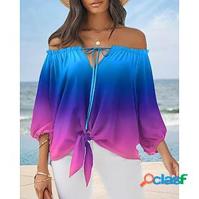 Womens Shirt Blouse Pink Blue Green Lace up Print Color