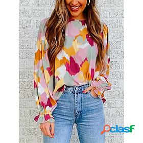 Womens Shirt Blouse Pink Brown Green Patchwork Print Leopard