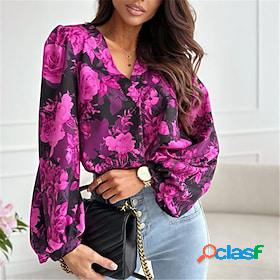 Women's Shirt Blouse Red Fuchsia Print Leaf Floral Work