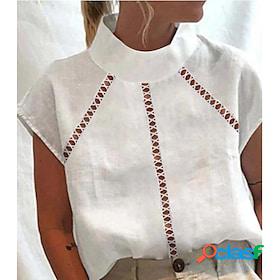 Women's Shirt Blouse White Cut Out Plain Casual Short Sleeve