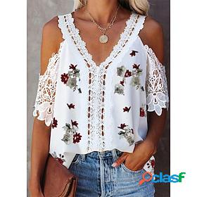 Women's Shirt Blouse White Red Lace Cut Out Floral Casual