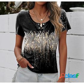 Women's T shirt Tee Black Button Print Tie Dye Daily Weekend