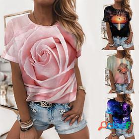 Womens T shirt Tee Pink Dusty Rose Blue Rose 3D Print Short