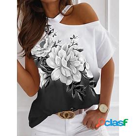 Women's T shirt Tee White Cut Out Print Floral Casual