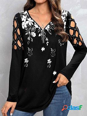 Zipper Floral Print Black V Neck Long sleeve T-shirts