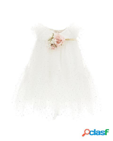 Abito bianco in tulle con paillettes dorate all over e