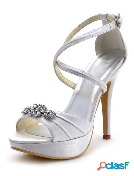 Bianco seta e Raso Open Toe incrociato strass sera e sposa